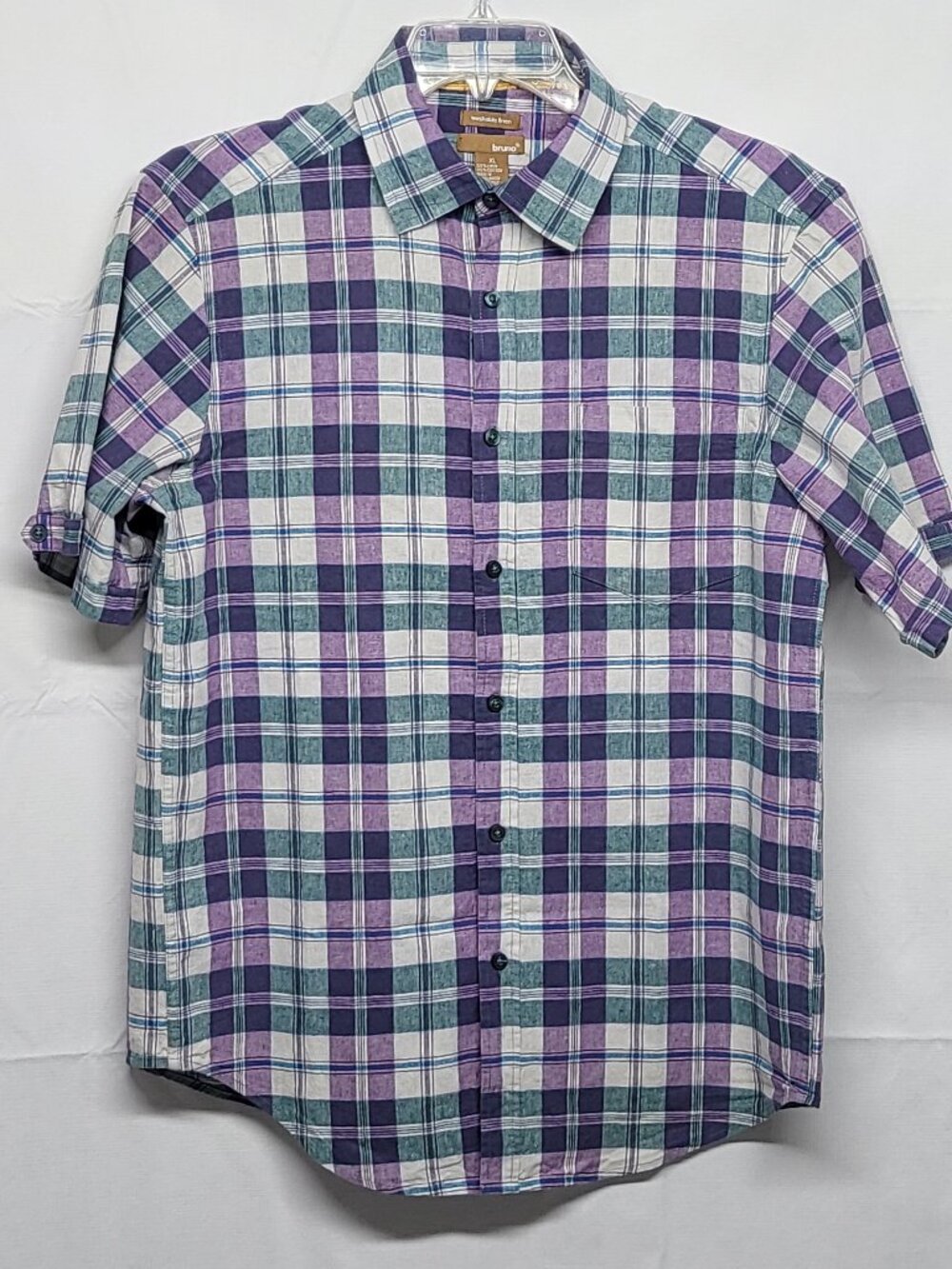 Bruno Mens Shirt Linen Cotton Button Up XL (42" Chest) Slim Fit Washable Plaid